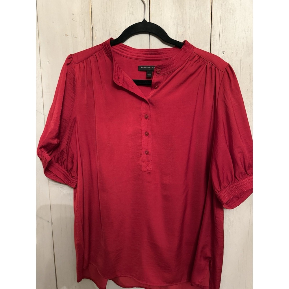 Banana Republic Volume Puff Short Sleeve Blouse Sz-Lg Apple Red Satin Silky